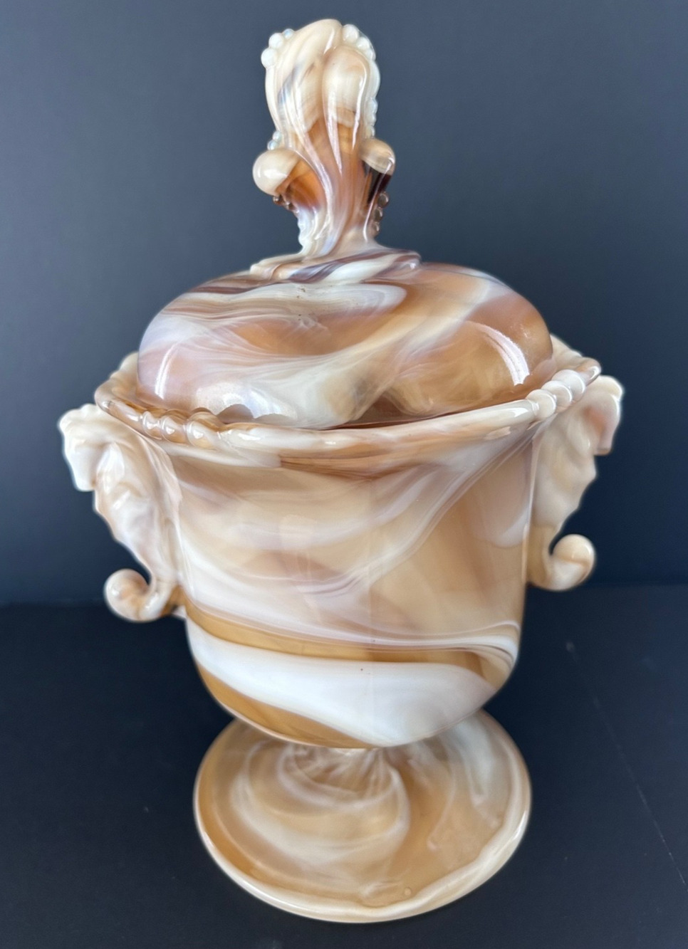 Vintage Imperial Glass Caramel Slag Seahorse Covered Candy Jar Dish Finial Lid